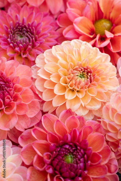Obraz Pink dahlia blooms background. Coral and blush dahlia flowers close up. Floral wallpaper.