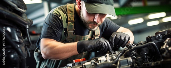 Fototapeta A mechanic working under the hood of a car in a garage