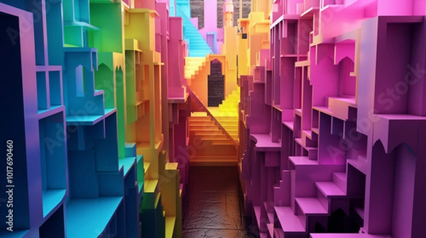 Fototapeta Colorful intricate stairs. Abstract shapes mazes is similar to the Squid Game