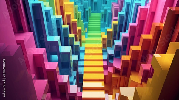 Fototapeta Colorful intricate stairs. Abstract shapes mazes is similar to the Squid Game