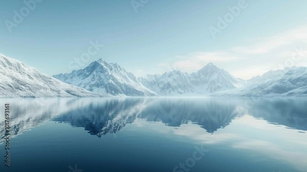Fototapeta Beautifully Calm Lake, Reflecting Majestic Snowy Mountains. Winter Background.
