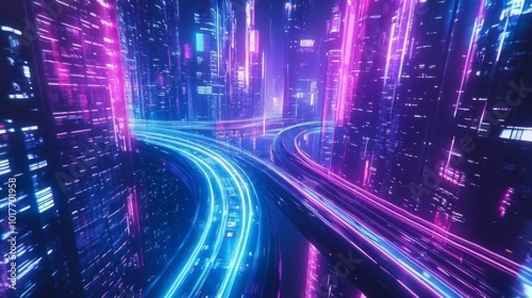 Fototapeta Neon Cityscape with Intersecting Highways and Glowing Towers