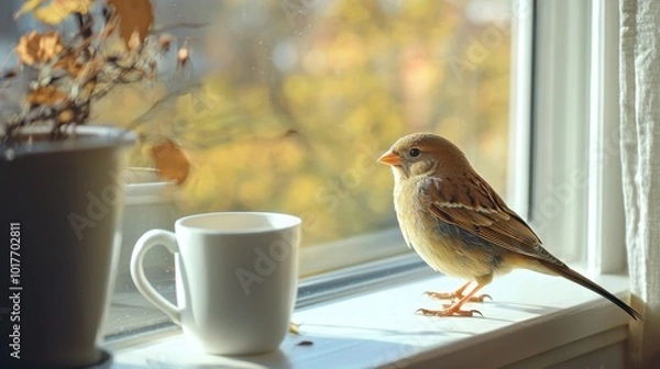 Fototapeta Sparrow perched by a window with a coffee cup