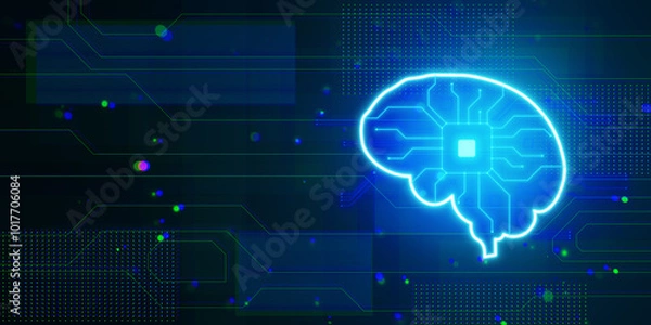 Fototapeta Abstract glowing blue circuit digital brain hologram on blurry background with mock up place. Artificial intelligence and innovation concept. 3D Rendering.