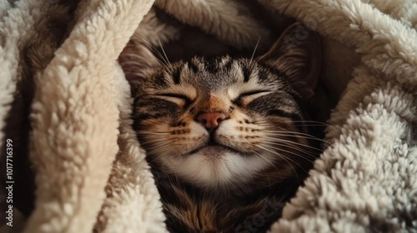 Fototapeta Close-up of a smiling cat with a joyful demeanor, surrounded by soft, fluffy bedding