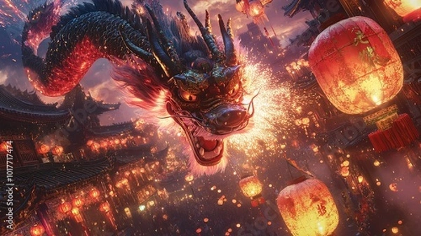 Fototapeta Majestic Dragon with Fireworks