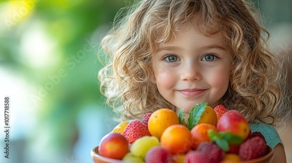 Fototapeta A smiling child holds a bowl of colorful fruits, conveying joy and healthy eating.