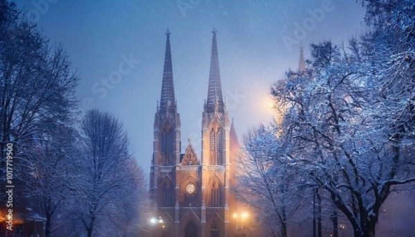 Fototapeta A majestic cathedral in a winter city, with snow gently falling and the church's stained glass windows glowing in the early morning light.