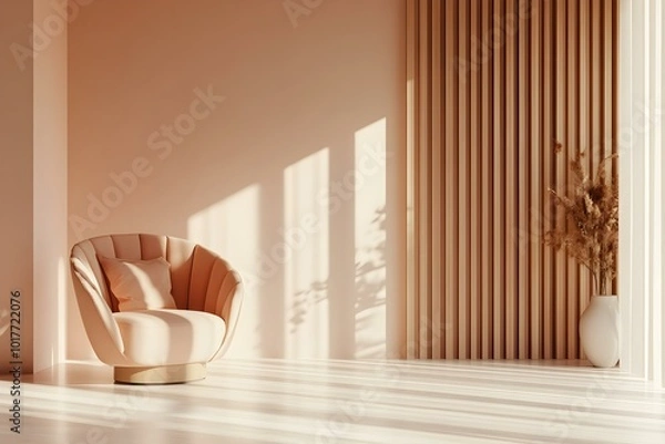 Fototapeta Armchair in empty room with modern interior in peach fuzz color. Chair in empty studio on wall panels with wooden slats background. Premium mockup for product design
