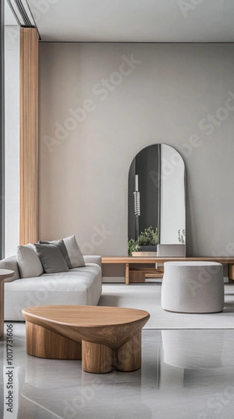 Fototapeta Modern living room featuring minimalist design with elegant furniture and natural light