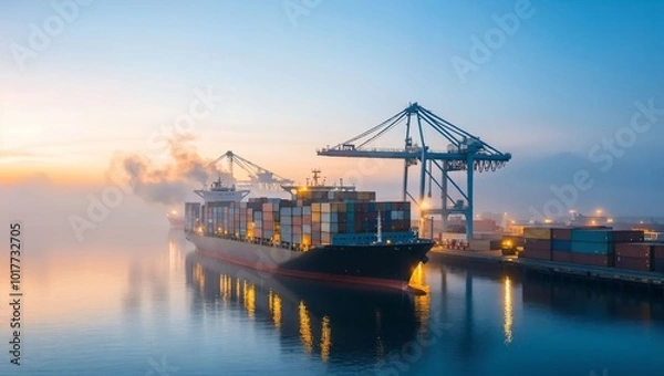 Fototapeta A serene early morning at a harbor, featuring a massive cargo ship surrounded by colorful containers and towering cranes, all set against a misty, golden atmosphere.