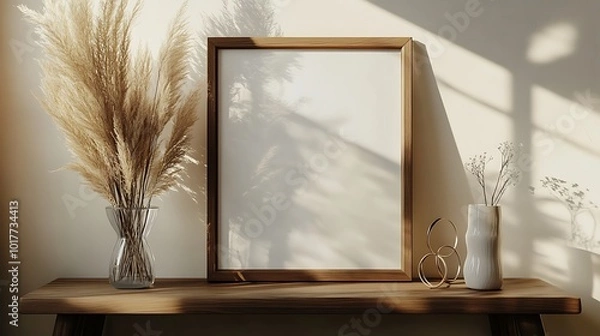 Fototapeta A blank wooden frame with dried pampas grass and white flowers on a wooden shelf, with sunlight streaming through the window.