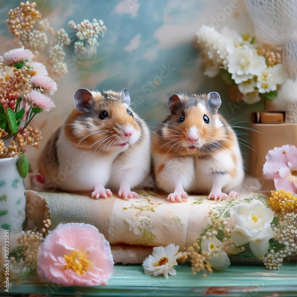Fototapeta ドールハウスで暮らすハムスターファミリー