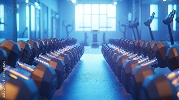 Fototapeta A gym scene featuring a row of dumbbells with various weight increments, stretching into the distance, with a bright and airy fitness environment in the background