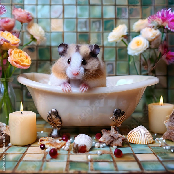 Fototapeta ドールハウスで暮らすハムスターファミリー