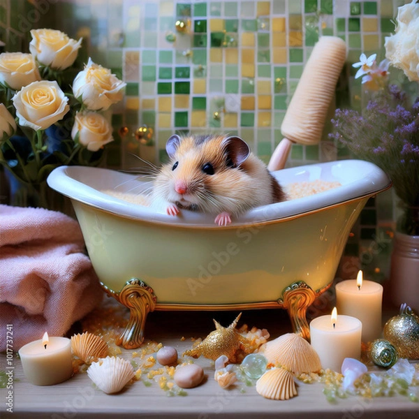 Fototapeta ドールハウスで暮らすハムスターファミリー