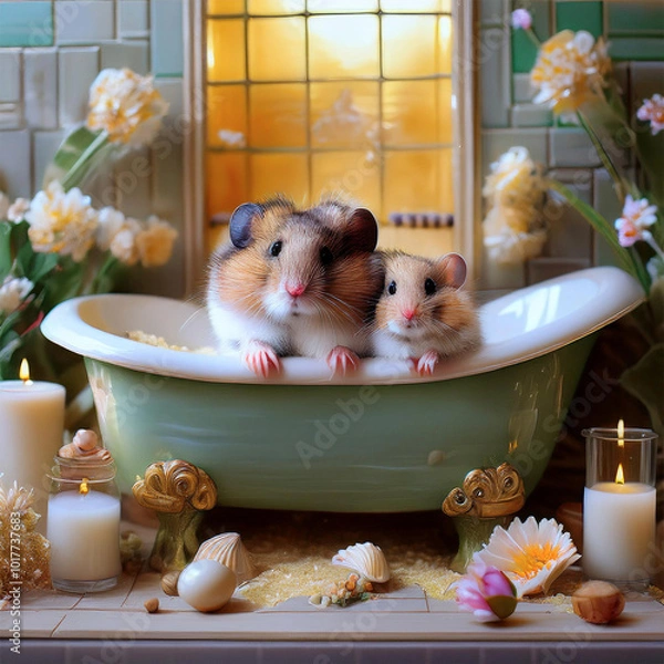 Fototapeta ドールハウスで暮らすハムスターファミリー