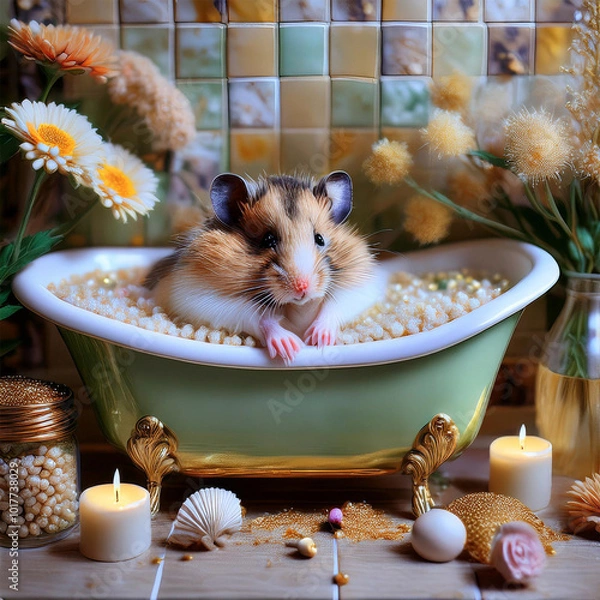 Fototapeta ドールハウスで暮らすハムスターファミリー