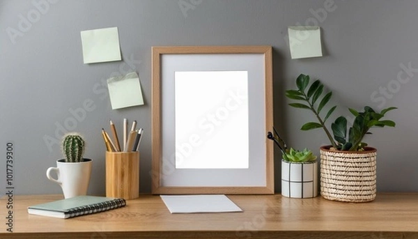 Fototapeta Home office interior with mock up photo frame on the brown wooden table with accessories, paper box,air plant in design pots,pencils notebook and notes. Grey walls. Minimal concept of mockup.