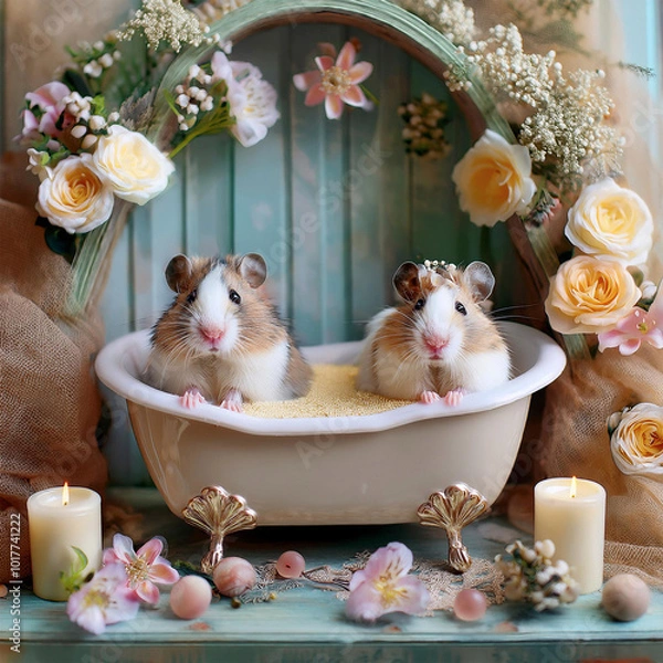 Fototapeta ドールハウスで暮らすハムスターファミリー
