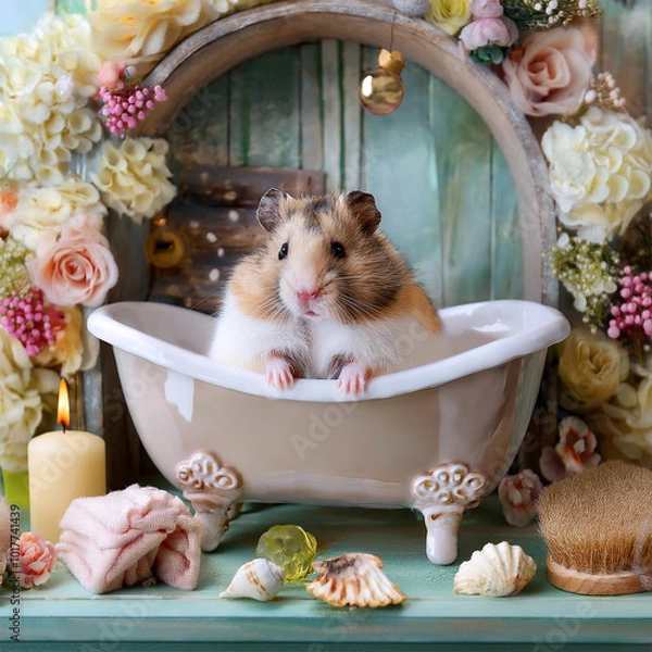 Fototapeta ドールハウスで暮らすハムスターファミリー