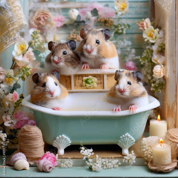 Fototapeta ドールハウスで暮らすハムスターファミリー