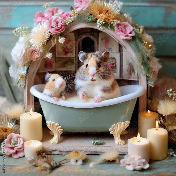 Fototapeta ドールハウスで暮らすハムスターファミリー