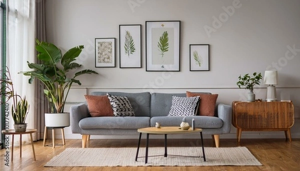 Fototapeta Stylish and retro living room with design grey sofa, retro table, commode lamp and furniture. Mock up posters frames on the white walls. Minimalistic room with brown wooden parquet and plants.