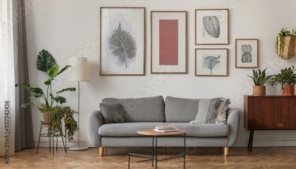 Fototapeta Stylish and retro living room with design grey sofa, retro table, commode lamp and furniture. Mock up posters frames on the white walls. Minimalistic room with brown wooden parquet and plants.