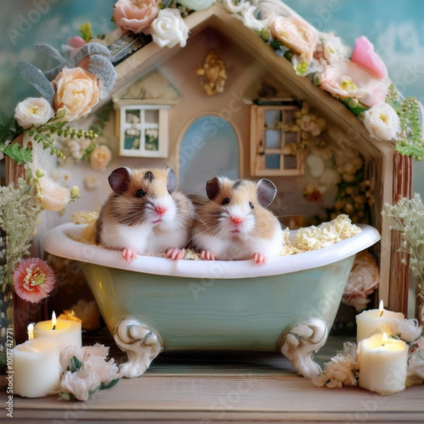 Fototapeta ドールハウスで暮らすハムスターファミリー