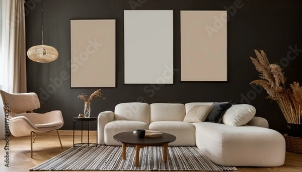 Fototapeta Asthetic composition of living room interior with mock up poster frame, modular sofa, black coffee table, white armchair, carpet, pouf, dark wall and personal accessories. Home decor. Template.