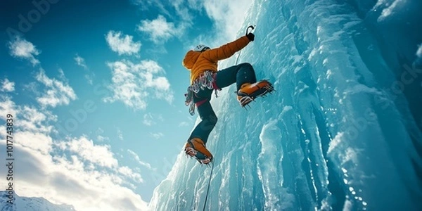 Fototapeta Bottom view of a alpinis man climbing a large ice wall.