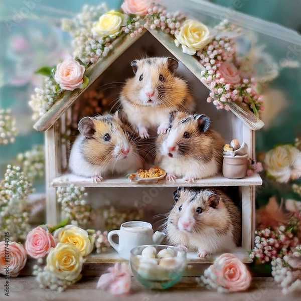 Fototapeta ドールハウスで暮らすハムスターファミリー