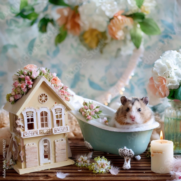 Fototapeta ドールハウスで暮らすハムスターファミリー