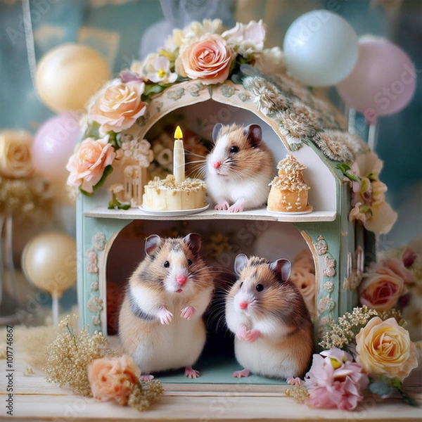 Fototapeta ドールハウスで暮らすハムスターファミリー