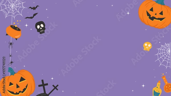 Fototapeta Spooky Horizontal Halloween Banner. Drawing of Ghosts, Pumpkins, Spiderwebs and other Spooky Decorations. Background With space for text. Vector