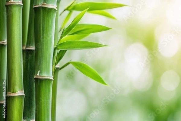 Fototapeta Fresh bamboo stalks tower gracefully, displaying vibrant green leaves in a serene natural setting