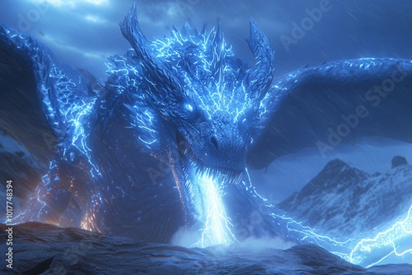 Obraz blue dragon unleashes a storm of lightning over snowy peaks in a breathtaking display of power