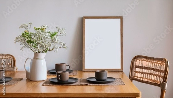 Fototapeta Stylish scandinavian dining room interior with mock up poster frame, wooden table, furniture, cups of coffee, flowers in vase and elegant accessories. Ready to use. Template. Modern home decor.