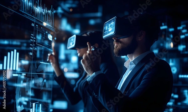 Fototapeta Futuristic Business Collaboration: AI-Driven Strategies, Augmented Reality Insights, Virtual Reality Simulations, and Holographic Financial Data for Smart Office Innovation