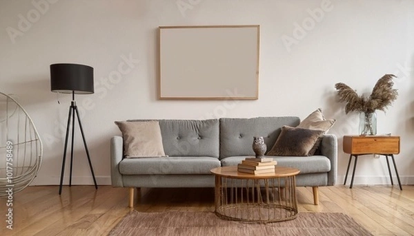 Fototapeta Stylish retro living room with design grey sofa, retro table, lamp and furniture. Mock up posters frame on the white walls. Minimalistic room with brown wooden parquet.