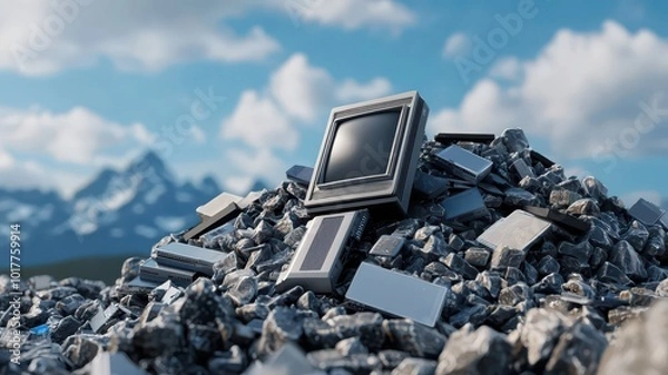 Fototapeta e-waste disposal, featuring discarded electronics piled high in a landfill setting. 