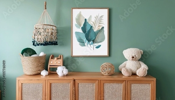 Fototapeta Stylish scandinavian newborn baby room with wooden cabinet, toys, mock up poster frame and children's accessories. Modern interior with eucalyptus background wall and cottona balls. Modern home decor.