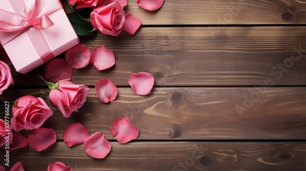 Obraz 木桌上摆满了粉红色玫瑰情人节背景