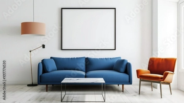 Fototapeta A living room with a blue couch, a white coffee table, and a potted plant
