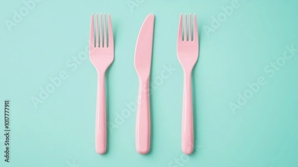 Fototapeta Three pink plastic utensils, a fork, a knife, and a spoon