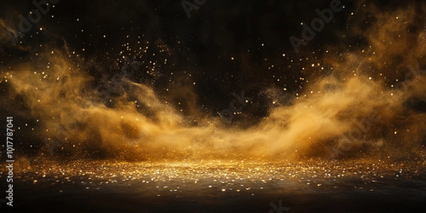 Fototapeta Golden dust and sand on the black background, scattered gold dust, sand effect with glitters and sequins. Wallpaper and banner.