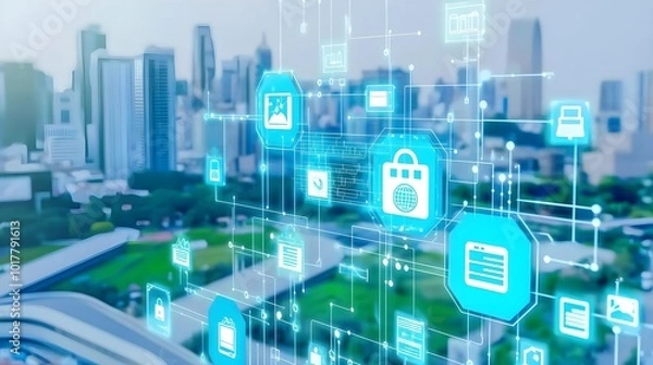 Fototapeta Urban landscape showcasing innovative eco-friendly technologies, vibrant city life, sustainable architecture, green spaces, modern infrastructure