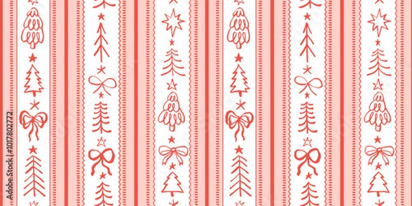 Obraz Seamless Christmas patterns with various doodle bows, pine trees and stars. Trendy vertical stripe background. Hand drawn vector illustration. Holiday wrapping paper, social media banner