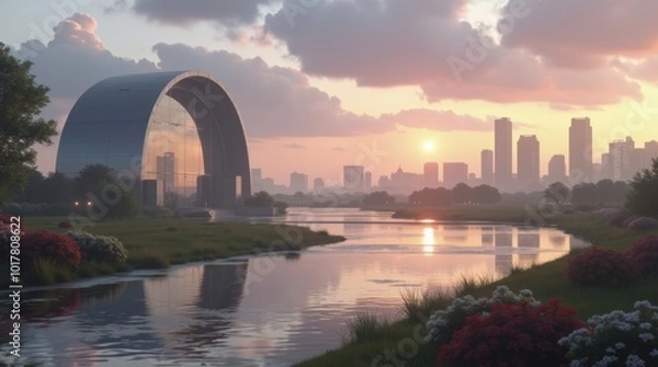 Obraz A futuristic building with a dome-shaped roof stands by a river at sunset, reflecting the city skyline.